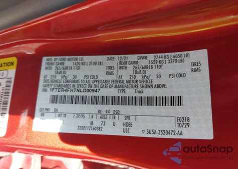 2022 Ford Ranger Xlt z USA, uszkodzony, nr VIN 1FTER4FH7NLD00947